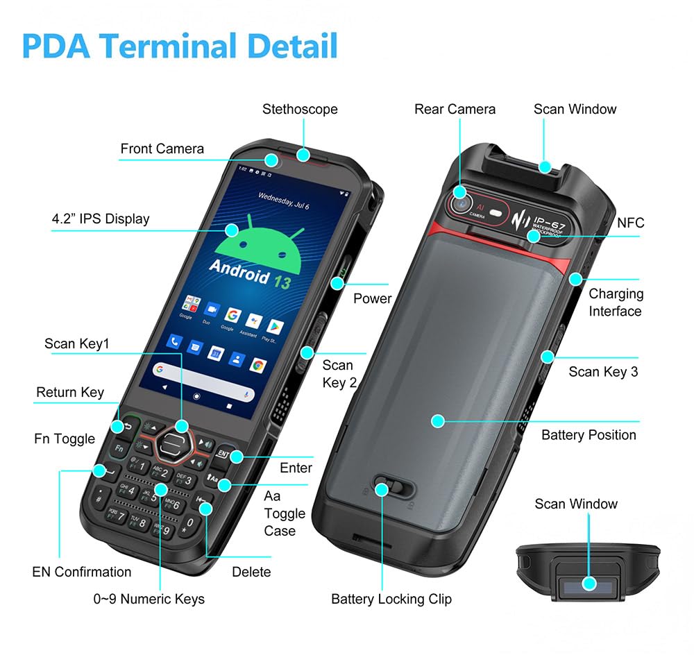 2025 Android13 PDA, skaner kodów kreskowych 6 GB + 64 GB z klawiaturą, wyposażony w skaner kodów QR 1D 2D, obsługa hot-swap, BT, WiFi, 4G LTE, NFC, 8-rdzeniowy procesor do zbierania danych