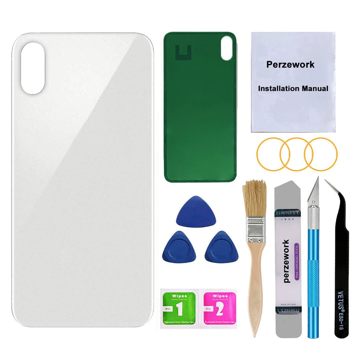 Perzework OEM Rear Back Glass Replacement for iPhone Xs Max 6.5 inches with Reparing Toolkit and Pre-Installed Adhesive (Silver)