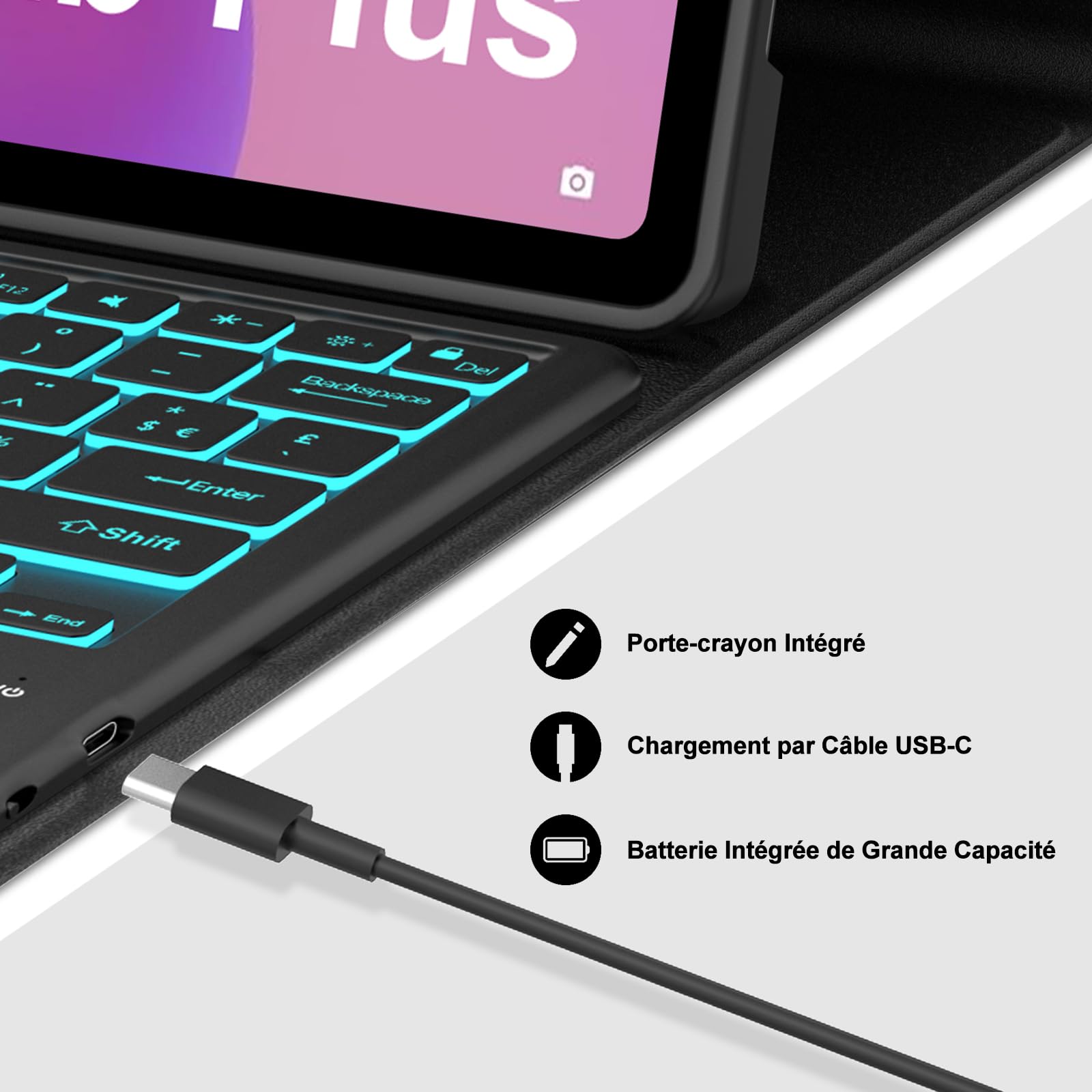 Coque Clavier pour Lenovo Idea Tab Plus 12.1 Pouces avec Pavé Tactile, AZERTY Français Housse Clavier Bluetooth Détachable 7 Couleurs Rétroéclairées pour Tablette Lenovo Idea Tab Plus 12.1" 2025, Noir