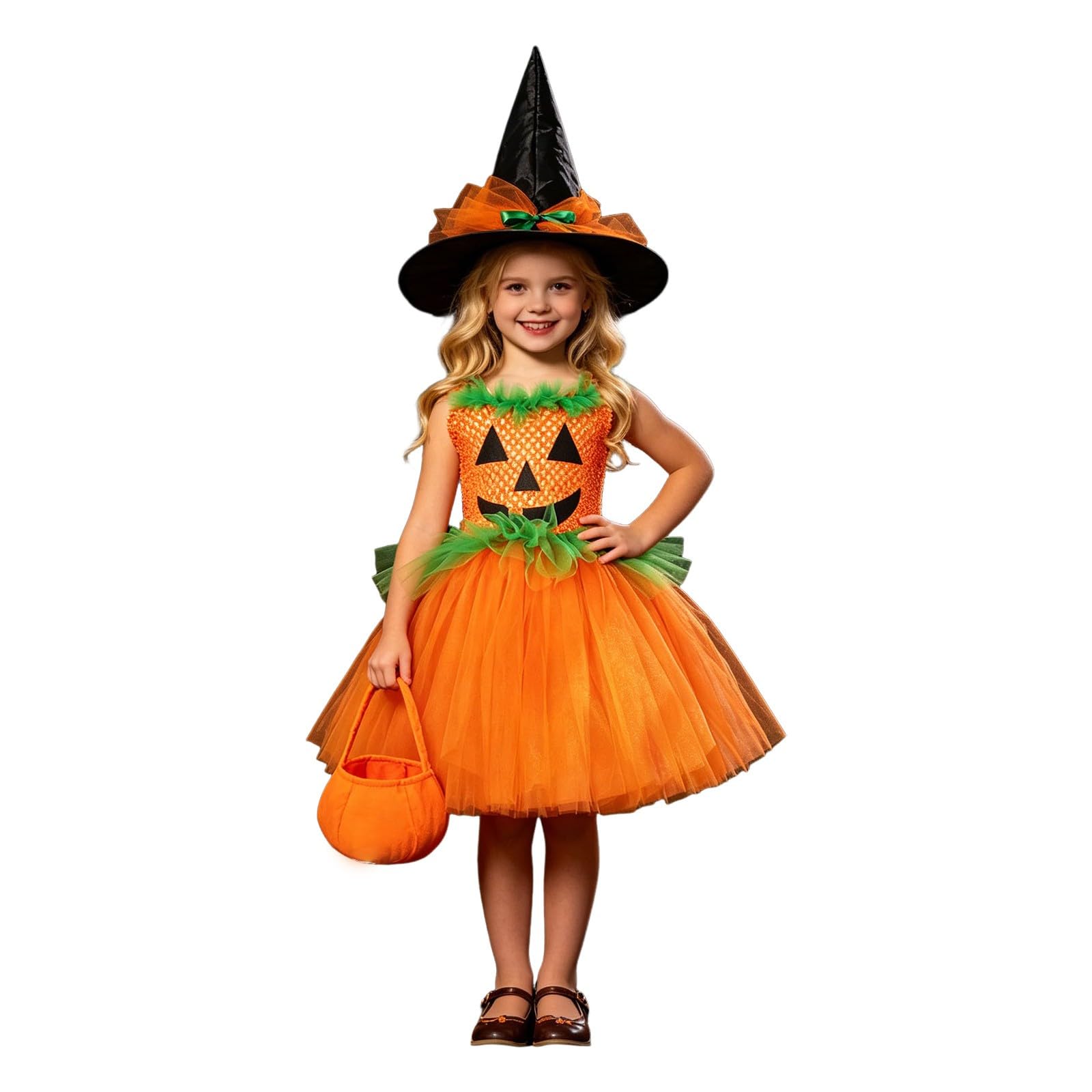 Kids Girls Halloween Pumpkin Costume Cute Sleeveless Tulle Dress and Headband Candy Bag Pumpkin Cosplay Party Outfit