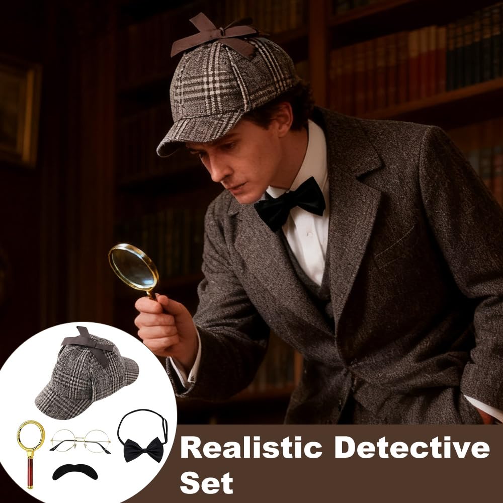 Zestaw akcesoriów do kostiumu detektywa, 5 sztuk, kostium Sherlocka Holmesa, rekwizyty do cosplay detektywa, z kapeluszem detektywistycznym, metalowymi okularami, lupą, muszką męską, brodą, dla