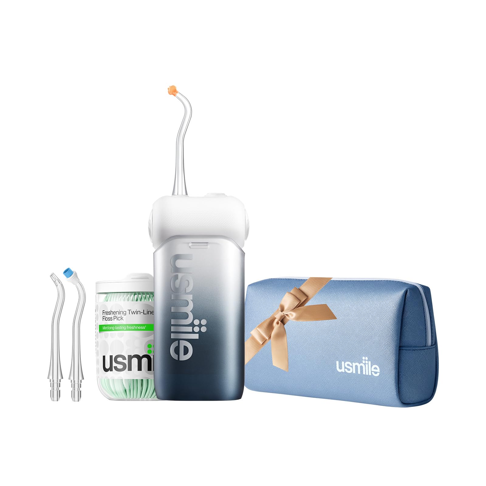 3-in-1 Bundle usmile C10 Portable Water Flosser Inkstone Black 50 Twin-Line Floss Picks Blue Travel Case Complete Oral