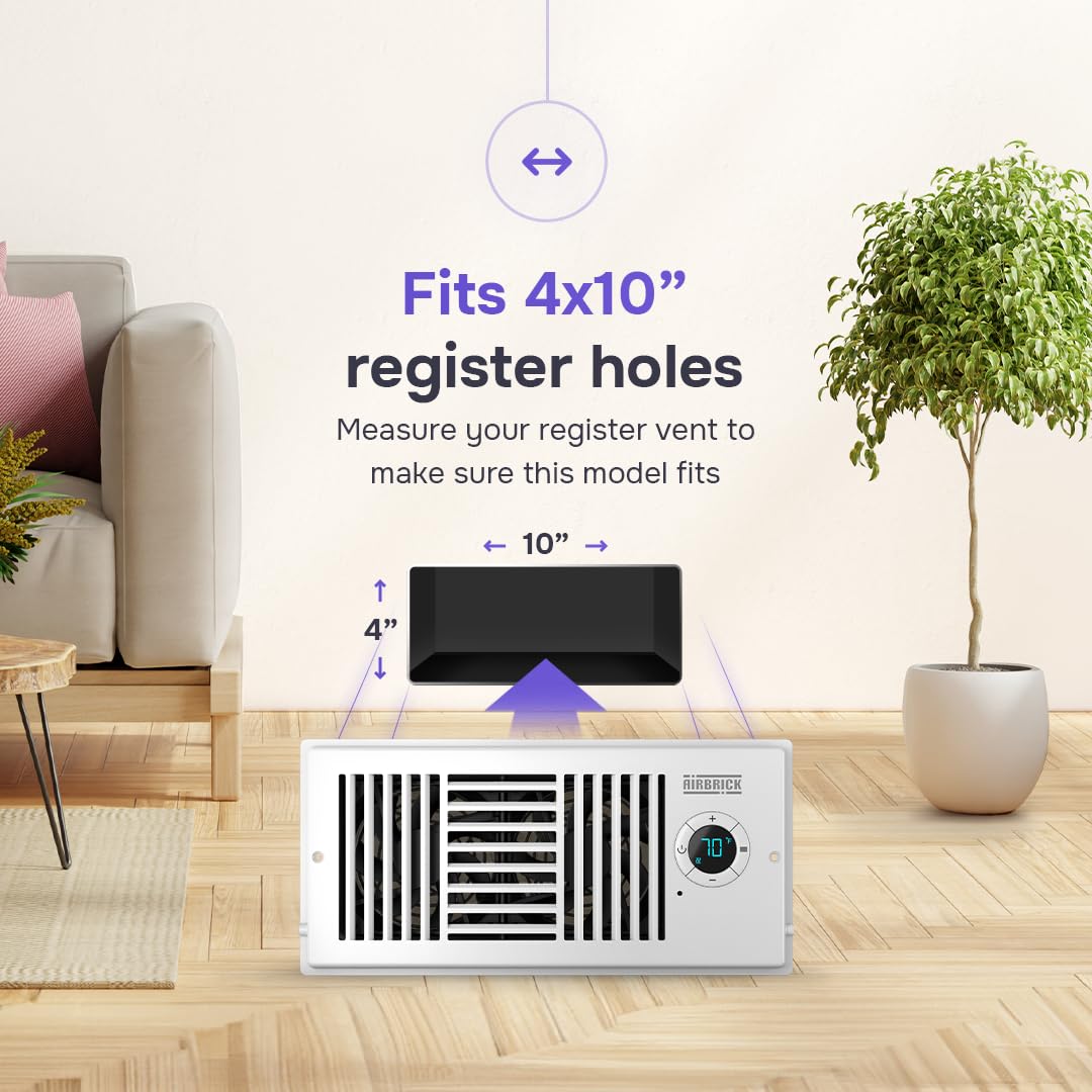Airbrick Smart 4" x 10" AC Vent Register Booster Fan with Remote Control and Thermostat. Enhances HVAC Airflow for Heating, Cooling in Bedroom and Other Rooms, for Wall and Floor Register, White