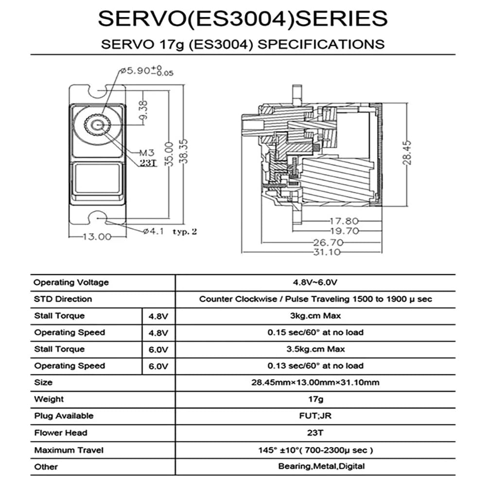 SPARKHOBBY ES3004 Metal Analógico Servo 20g Impermeable Servo con Engranajes para EMAX Servo para RC Coche Helicóptero Barco Avión Piezas Accesorios (ES3004 4 Piezas)
