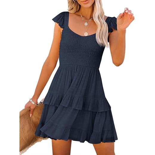 Women Summer Dresses Casual Boho Smocked Ruffle Sun Beach Babydoll Mini Dress Layered Flowy Swing Dress