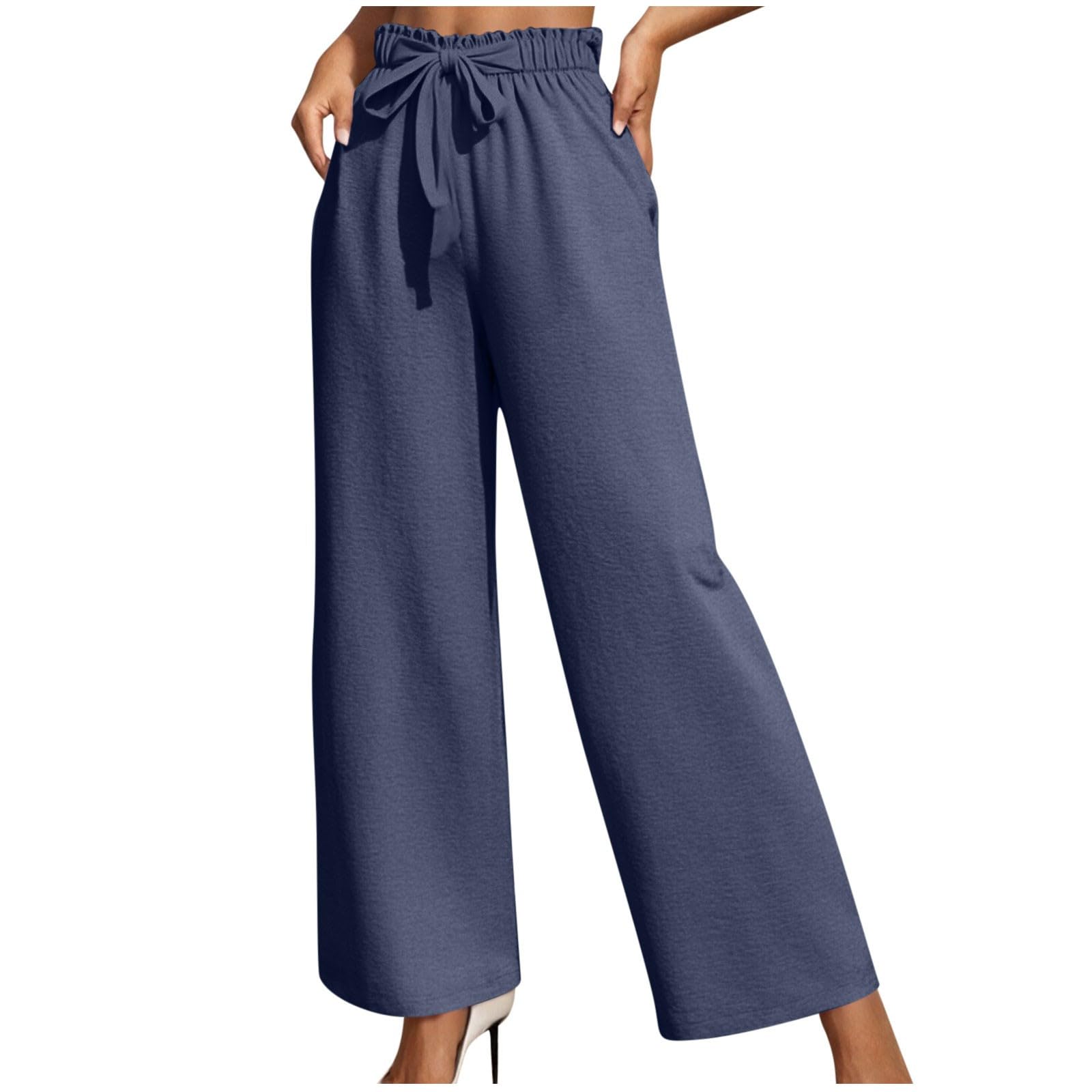 Womens High Waist Pants Wide Leg Elastic Waistband Drawstring Pant Casual Loose Fit Comfy Daily Going Out Trousers