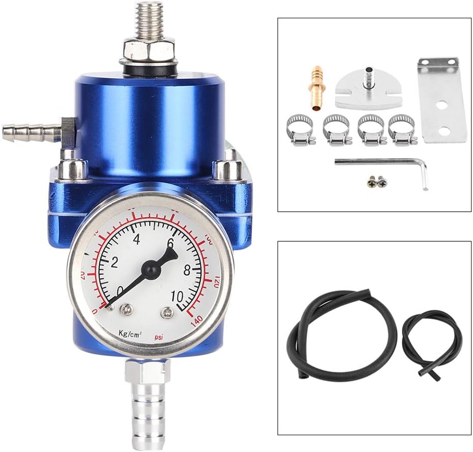 0-140 PSI Fuel Pressure Regulator, Universal Adjustable Fuel Pressure Regulator Gauge Hose Kit(Blue)