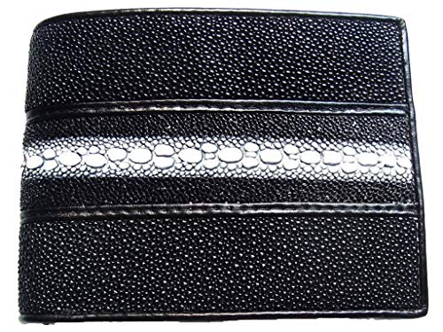 Julie Genuine Real Stingray Skin Leather Man Bifold Shiny Black Wallet
