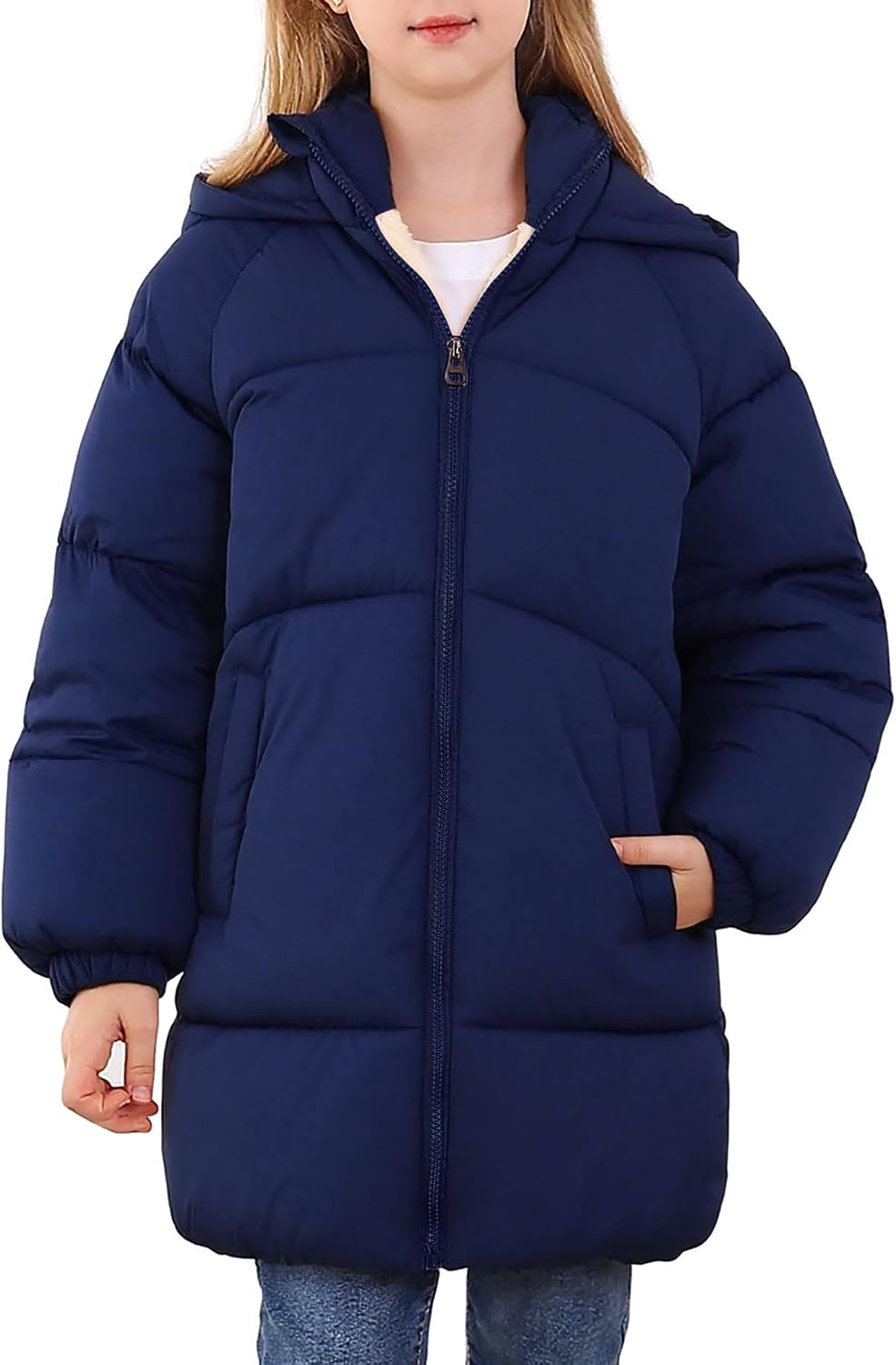 UNIFACO Girls Winter Coats Hooded Puffer Jackets Medium Length Down-like Cotton Coats Snow Outwear 5-12Y