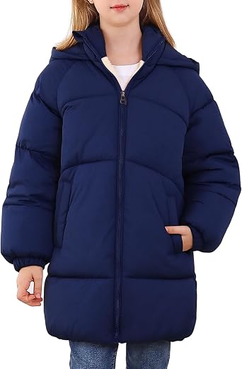 UNIFACO Girls Winter Coats Hooded Puffer Jackets Medium Length Down-like Cotton Coats Snow Outwear 5-12Y