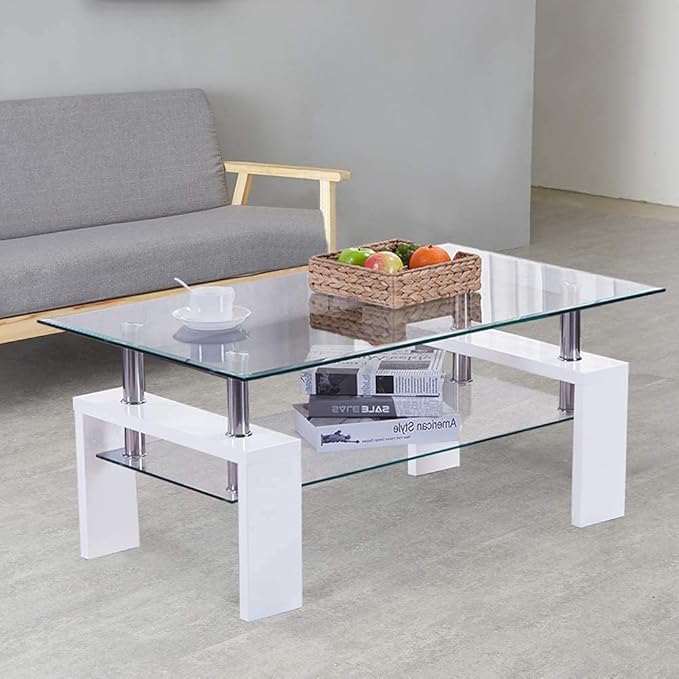 GOLDFAN Rectangular Glass Coffee Table Modern High Gloss Side Table