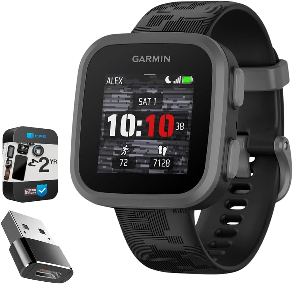 Garmin Bounce Kids Smartwatch Two-Way Text & Voice Messaging, Black Camo 010-02448-00 | Official USA Partner Model | Bundle with 2 YR CPS Enhanced Protection Pack & Converter Adapter Type C Adapter
