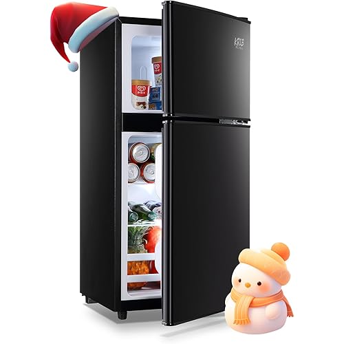 Compact Refrigerators with Freezer on Top, Mini Fridge 7- Level Adjustable Thermostat, Small Refrigerator for Apartment, Office, Camping, Black, FLS