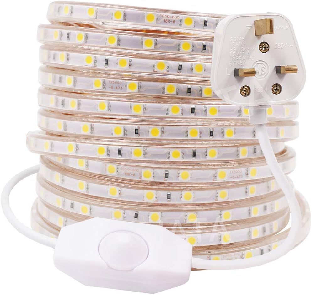GQL 14m Dimmable LED Strip Mains Powered, Warm White SMD 5050 60leds/m IP65 Waterproof Commercial Rope Light with UK Plug, DIY Indoor Outside Decor Ribbon Lighting