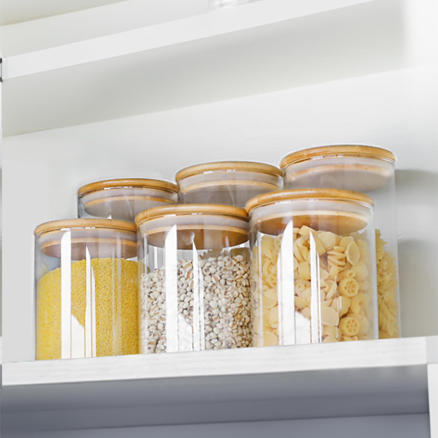 Neo Lot de 6 bocaux de rangement transparents en verre borosilicate avec couvercle hermétique en bambou pour cuisine, garde-manger, conteneur alimentaire