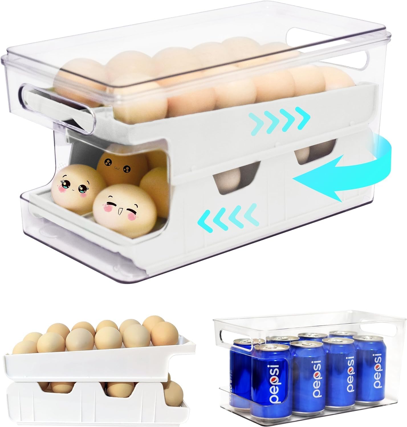 Rolling Egg Holder For Refrigerator, Automatic Container Fridge, 24 Count Dispenser, Organizer Kitchen Pantry Organization Storage Tray, White