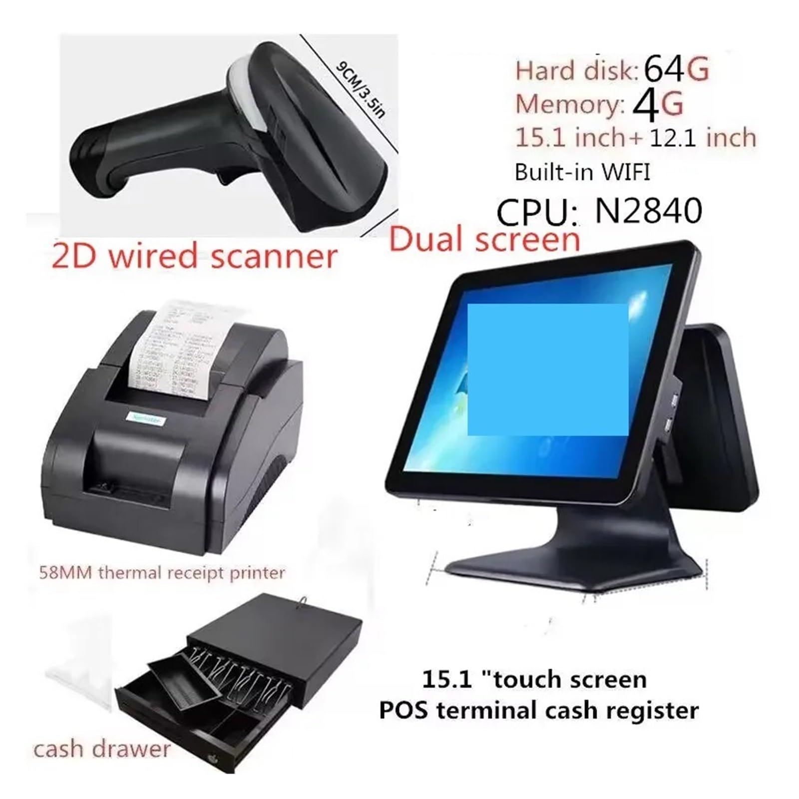 Registratori di Cassa, Un set completo di registratore cassa, stampante termica, scanner, cassetto for contanti, touch da 15,1 pollici, WIFI integrato(Dual screen)