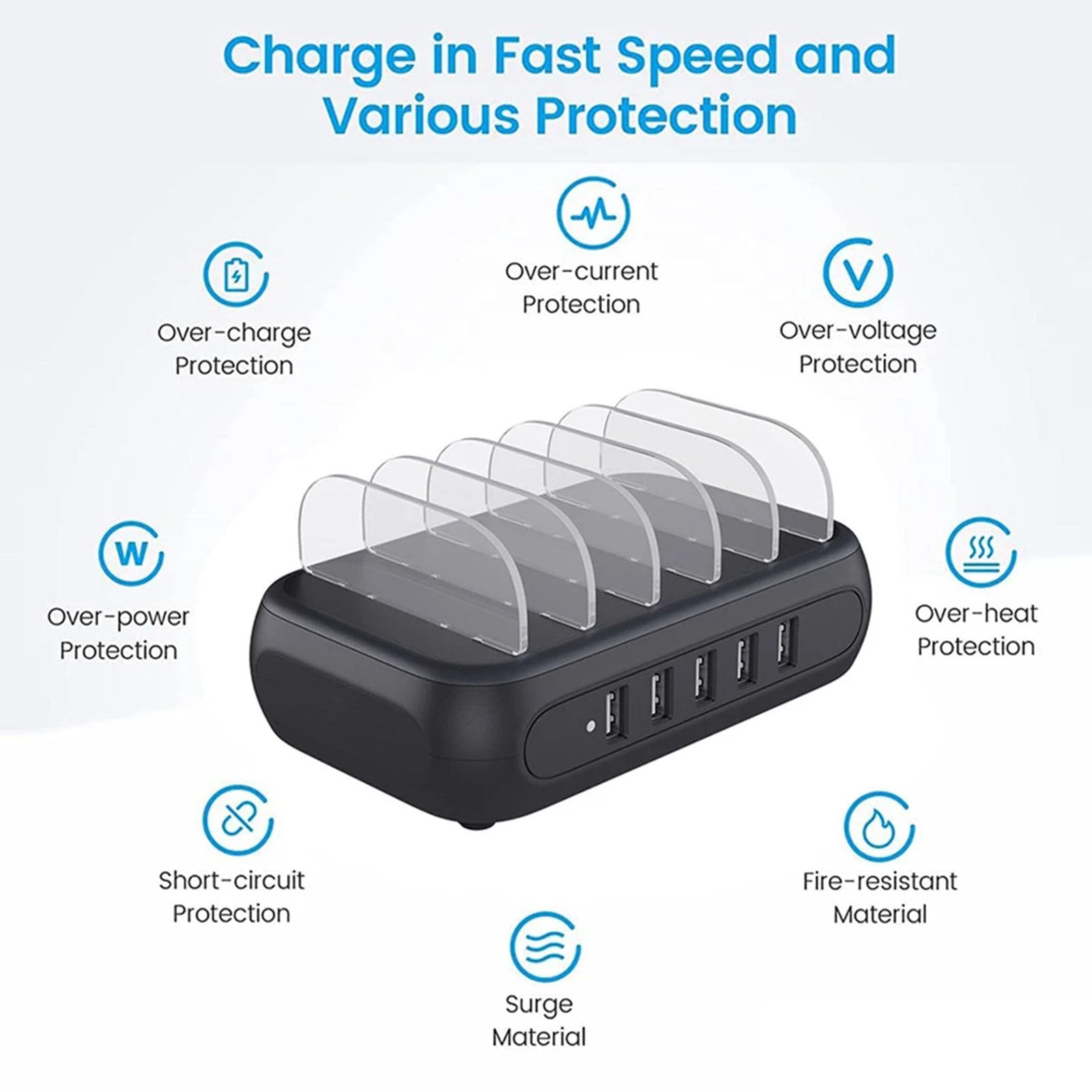 Cargador USB multipuerto, estación de Carga USB Inteligente de 5 Puertos Organizador Base para múltiples teléfonos celulares Enchufe de alimentación de 5 V Adaptador de Carga rápida,White-40W