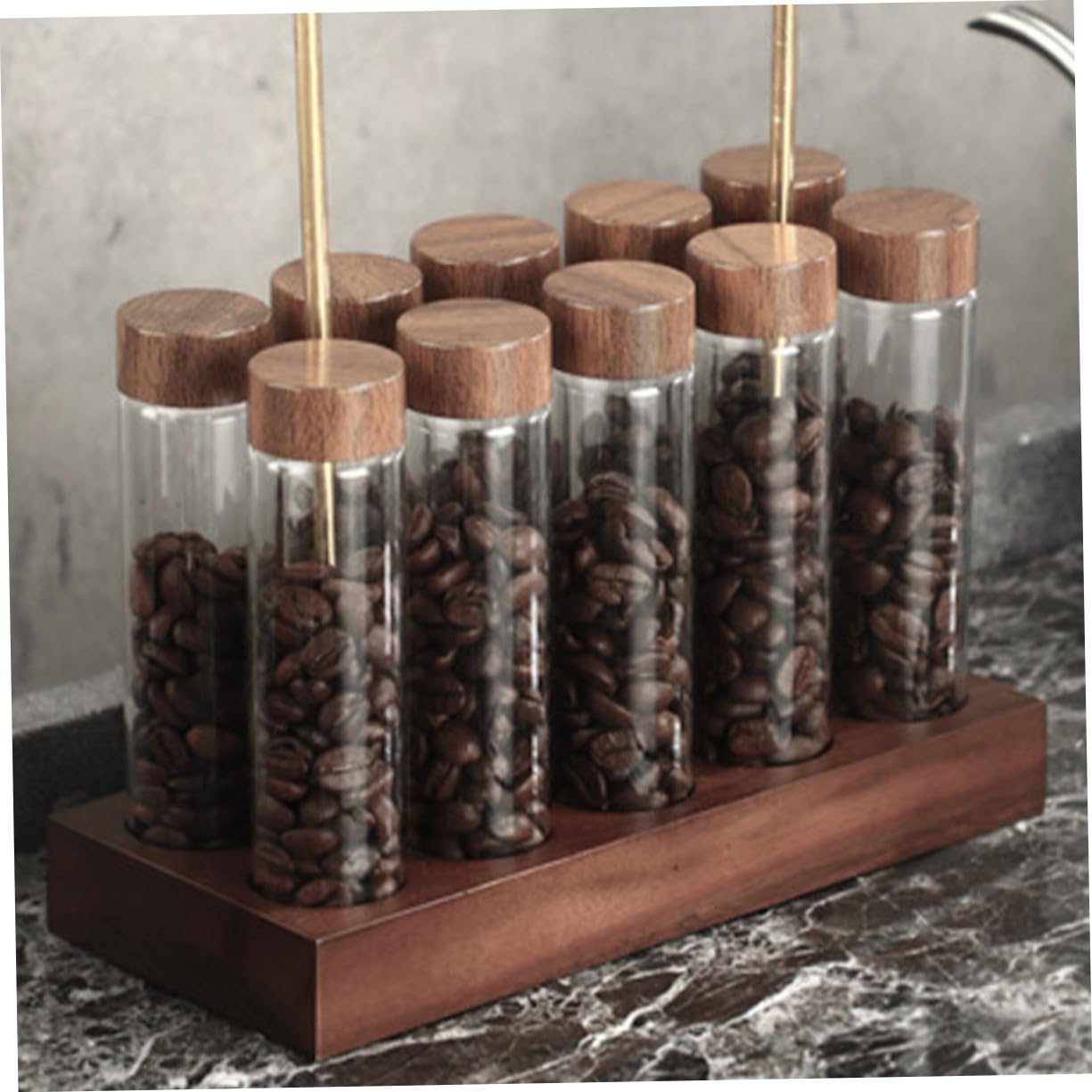BESPORTBLE Kaffeebohnen Behälter Satz aus Glas mit Ständer, 1 Satz | Aufbewahrungsröhrchen für Bohnen, mit Holz und Messingelementen, für Küche und Kleine Küchen