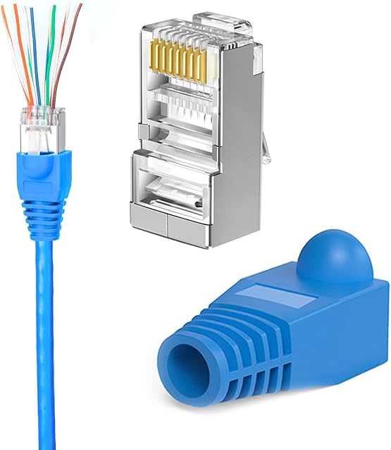 Solsop STP Shielded RJ45 Connector Plugs, 50PCS Cat6 Cat6A Pass Through Connectors + 50PCS RJ45 Boots Cover