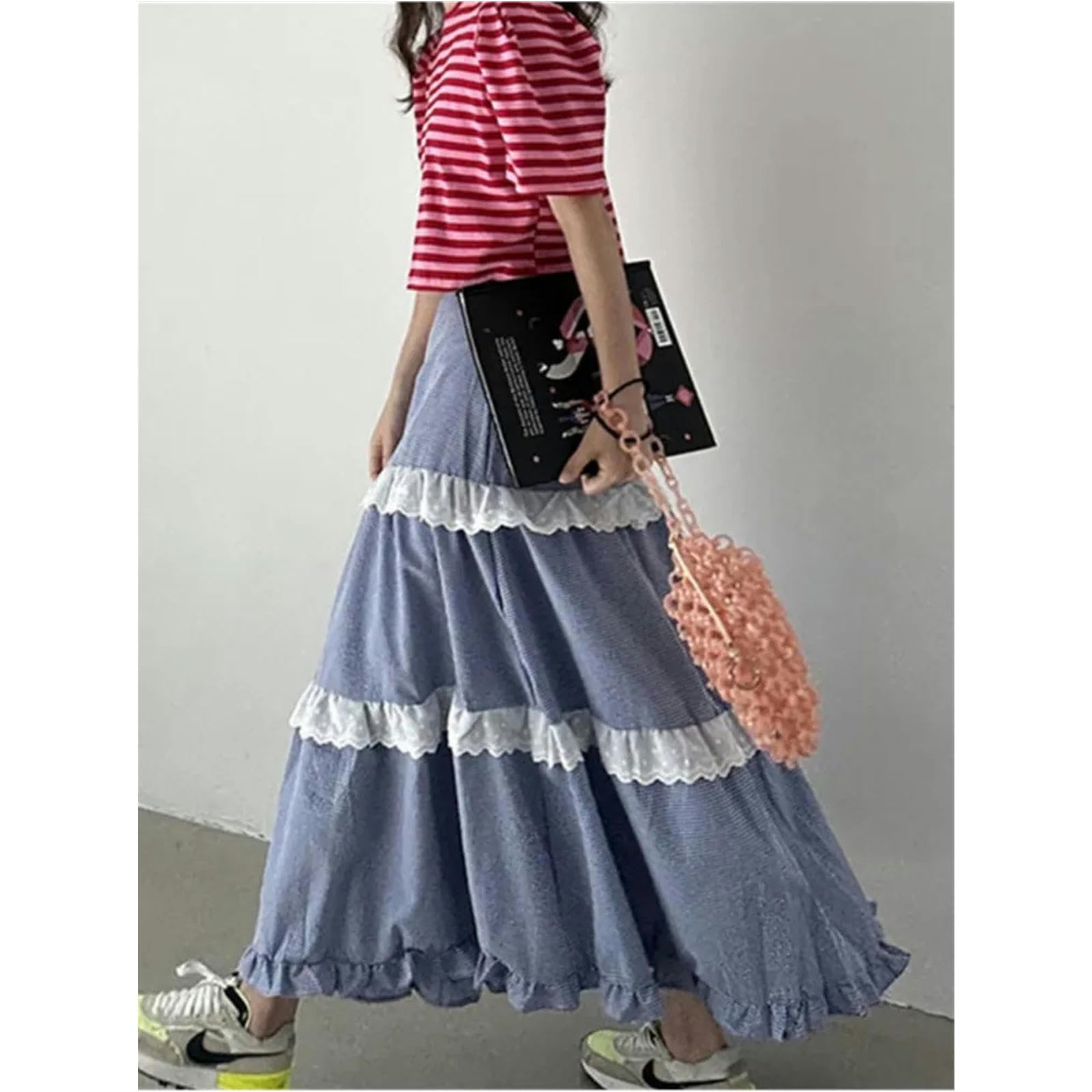 Gonna Scherma Lunghe con Stampa A Quadri Primaverili Donne in Pizzo Patchwork con Rantoli Pieghe per Signore Sfilate Gonne da Donna Sciolta