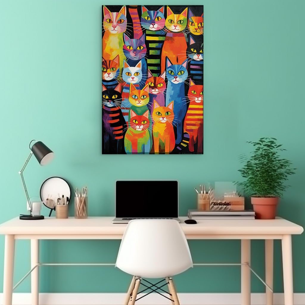 Canvas for Living room. A Parade of Whimsy: The Digital Canvas of Radiant Felines Against the Night's Embrace, 27 x 18 inch Canvas Wall Art - Simplicity Embodied - Modern Home Decor