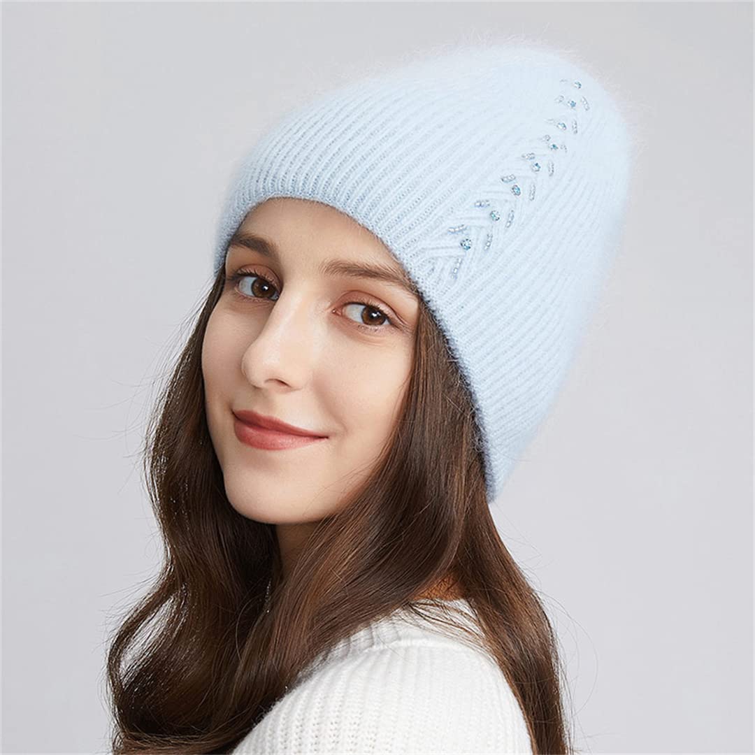 Sombreros cálidos de Invierno para Mujer, Gorros de Punto de Lana de Angora Suave para Mujer, Gorros Gruesos de Calavera de Doble Forro