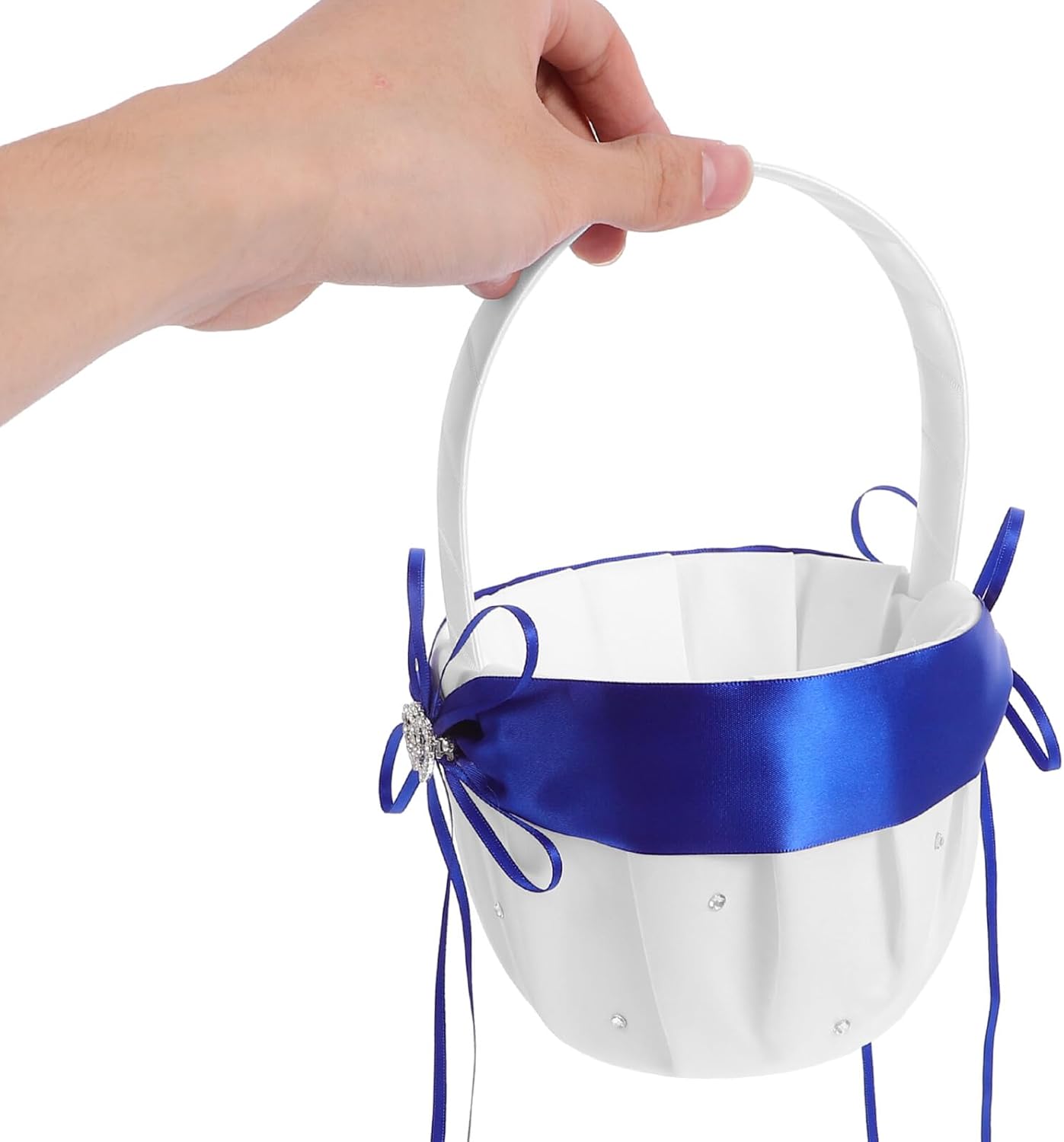 Artibetter Small Bowknot Flower Girl Basket with Handle Portable Wedding Floral Basket in Bleached White and Blue for Party and Ceremony Use
