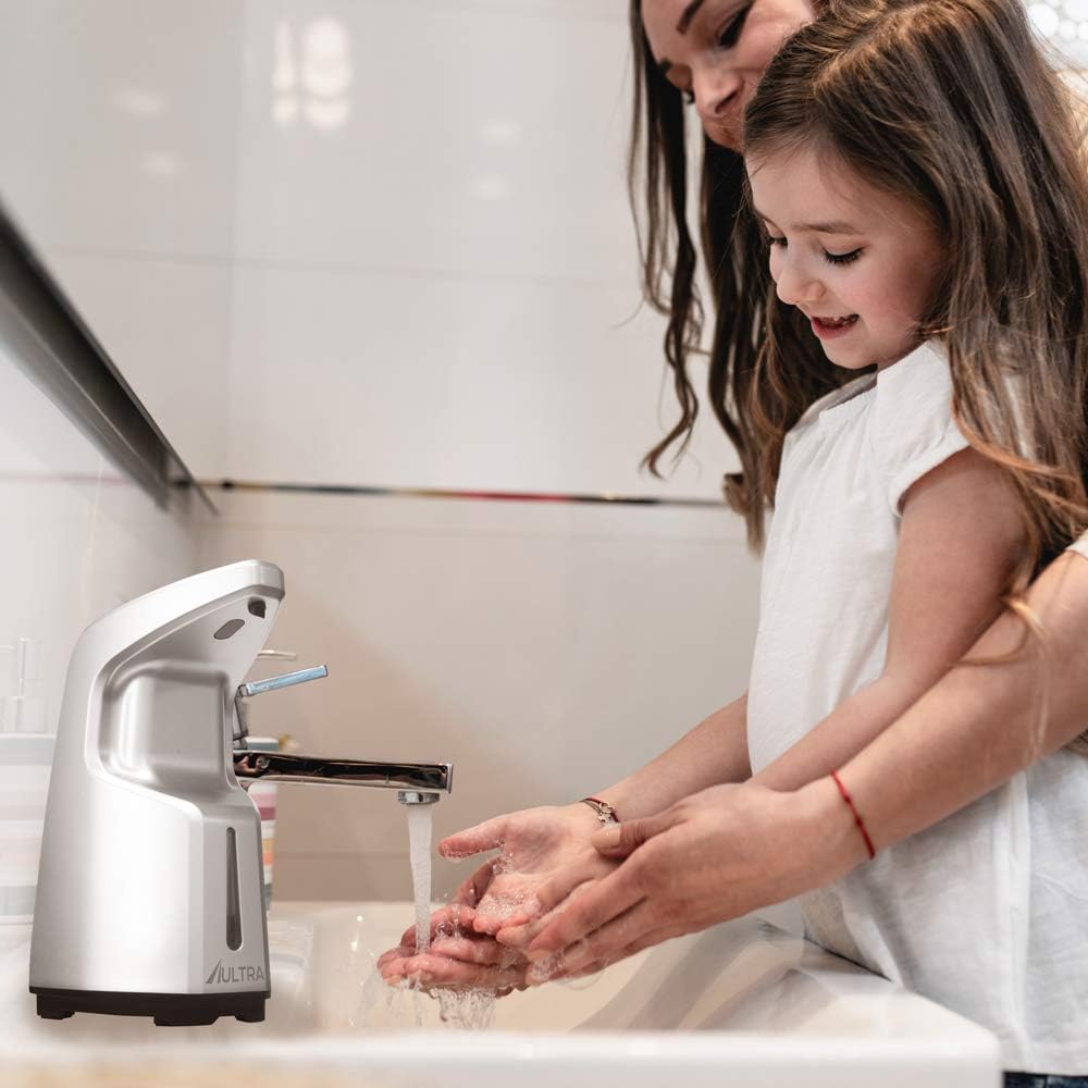 Aultra Automatic Hand Sanitizer Dispenser Touchless Silver Hand Soap Holder & Dish Liquid for Wall Mounted Or Counter top Bathroom, Kitchen, & Home, Hand & Motion Sensor Control