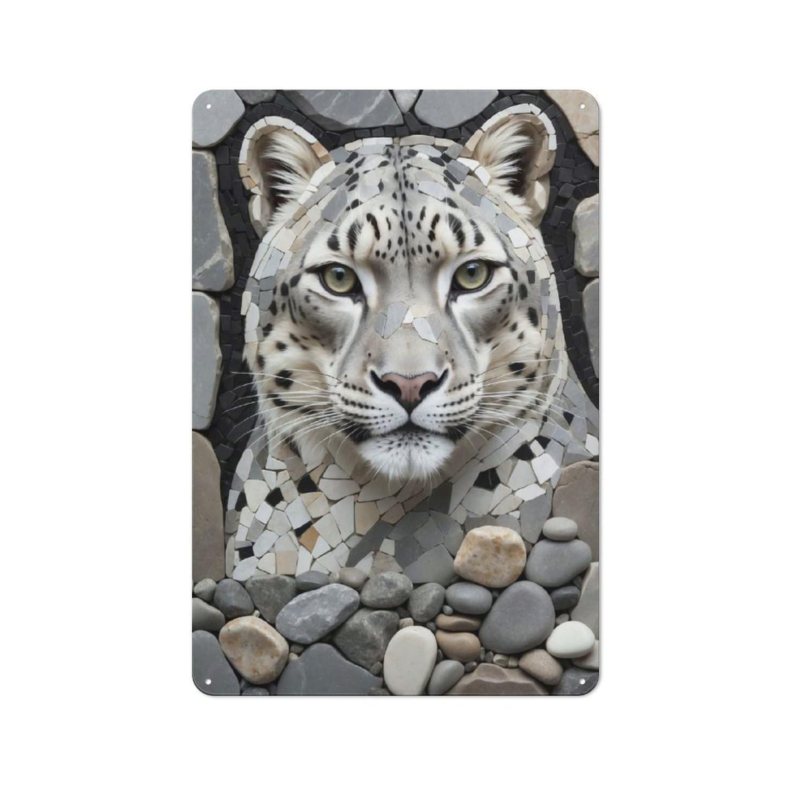 Junmoney Style-21 Tin Sign 30X20cm With Snow Leopard Mosaic Portrait For Hallway Wall, Rustic Decor, For Vintage Wall Decor Fans, For Garage And Workshop Walls