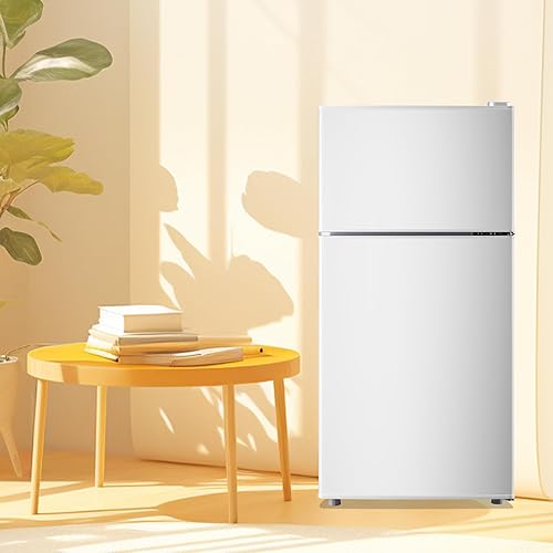Miniatura 8 de Mini refrigerador retro con congelador, refrigerador pequeño de doble puerta tamaño apartamento con bandeja para huevos, refrigerador dormitorio con