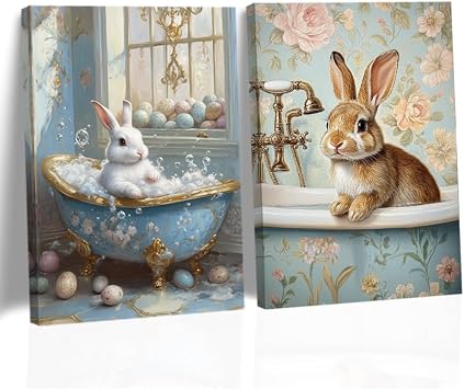 QIXIANG Bunny Bathroom Decor Wall Art Set of 2 Easter Rabbit Canvas Painting Art Farm Animal Canvas Toilet Bath Wall Decor Framed11.00" x 14.00"x2Pcs