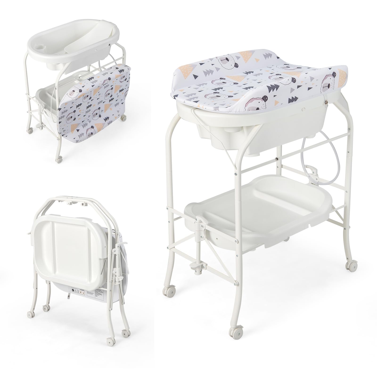 GYMAX Fasciatoio da Bagno per Bagnetto, con Vassoio Portaoggetti, Ruote con Freni, Pieghevole Salvaspazio con Materassino in PVC Ruote, 0-12 Mesi fino a 11kg, 86 x 54 x 104,5 cm (Bianco)