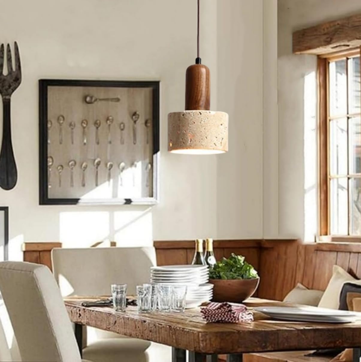 Dark Wood Pendant Light Brown Farmhouse Wooden Hanging Lamp 1 Lights Rustic Mini Pendant Lights Kitchen Island Natural Stone Shade Travertine Pendant Lamp
