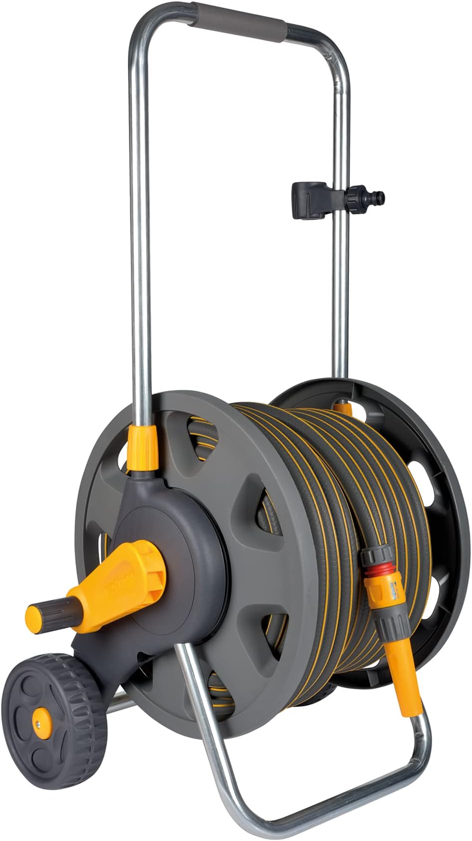 HOZELOCK - Cart Plus 50m of Ultramax hose (12.5 mm): Max Capacity 60m, Rewind Handle, Sturdy Frame for general use, Supplied Assembled, Nozzle and Fittings Included, Grey