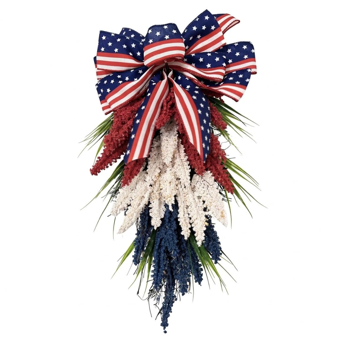 Neptuiby 4th of July Wreath for Front Door, Inverted Artificial Patriotic Wreath with Bow Hanging Swags for Indoor and Outdoor, Red White Blue, 20x12 Inch.