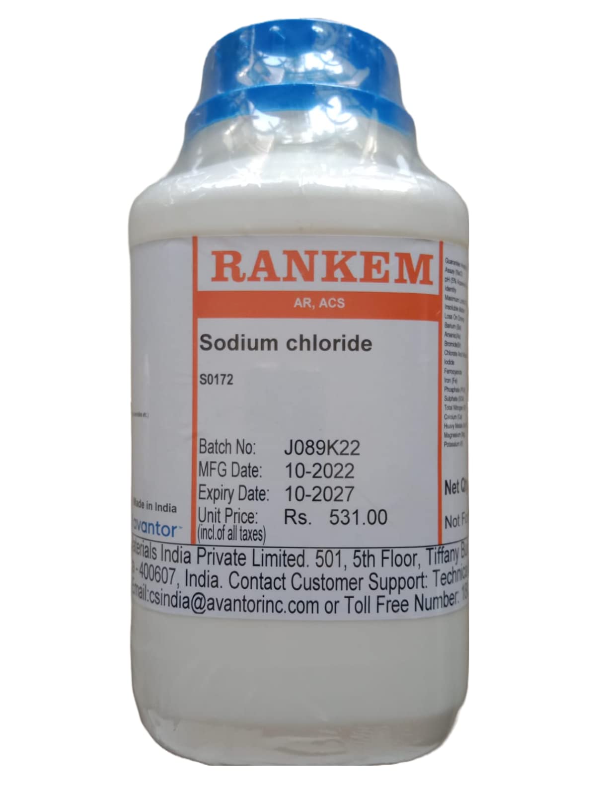 See full amazon price history chart for Rankem Sodium Chloride AR ACS Grade, 1KG, CAS NO 7647-14-5, Molecular Formula: NaCl, Storage Room Temperature, Shelf Life 60 months for laboraotry and industrial use Rankem Sodium Chloride AR ACS Grade, 1KG, CAS NO 7647-14-5, Molecular Formula: NaCl, Storage Room Temperature, Shelf Life 60 months for laboraotry and industrial use (B0C72YW787) Amazon Price History, Amazon Price Tracker