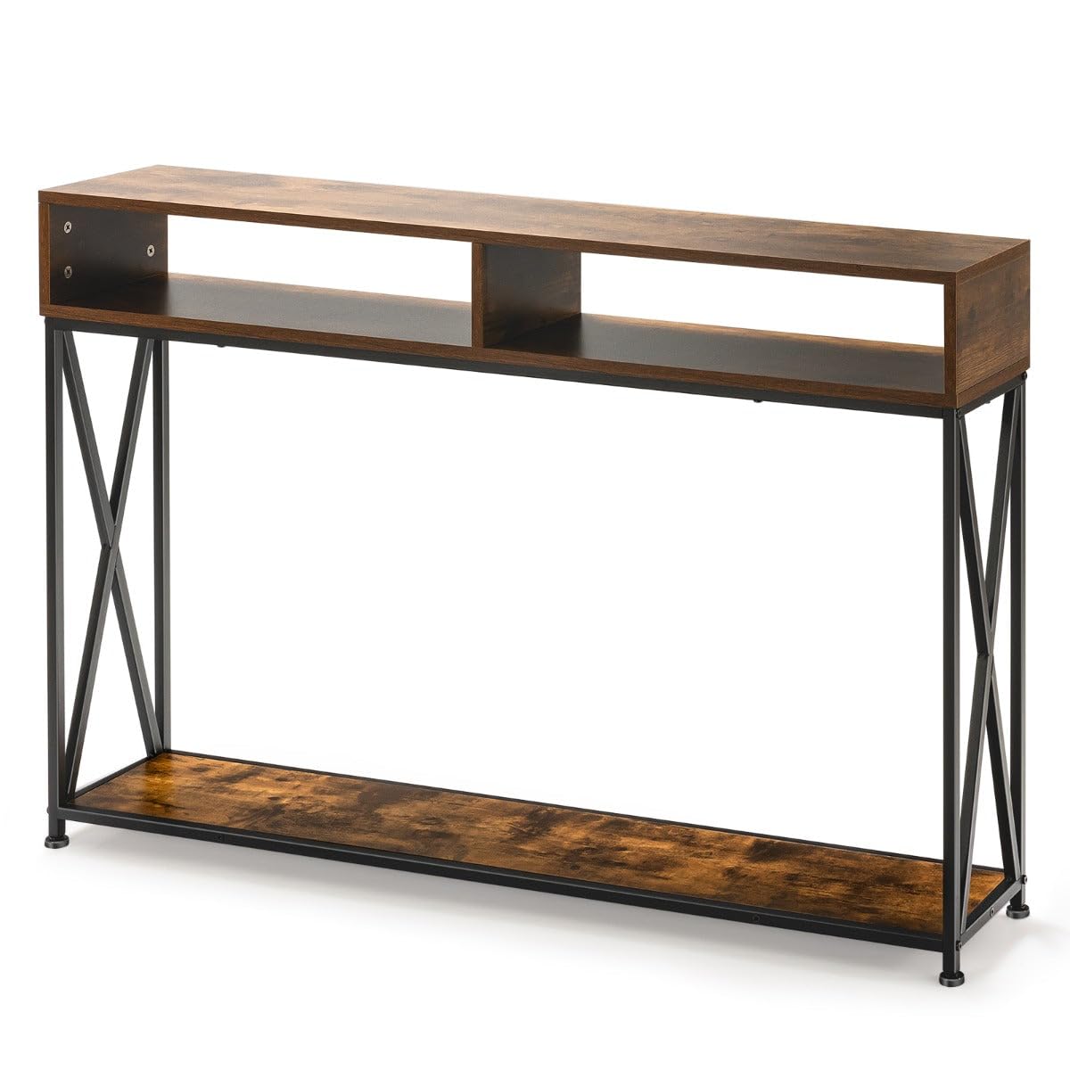 Helloshop26 - Mesa de consola industrial estrecha (120 x 23 x 79 cm, con estantes abiertos y sistema antivuelco de acero, color marrón 20_0013829)