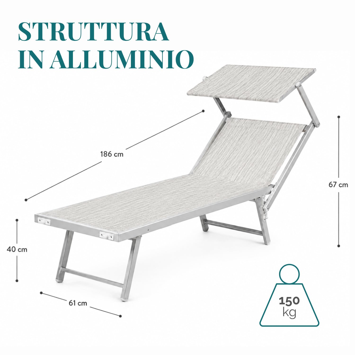 PALUPLUS Lettino Prendisole Professionale in Alluminio, Misura 186x61x40 cm, Tessuto Textilene, con Tetto Parasole e Schienale Regolabile, per Spiaggia, Lido, Piscina, Portata 150Kg -8441F (Grigio)