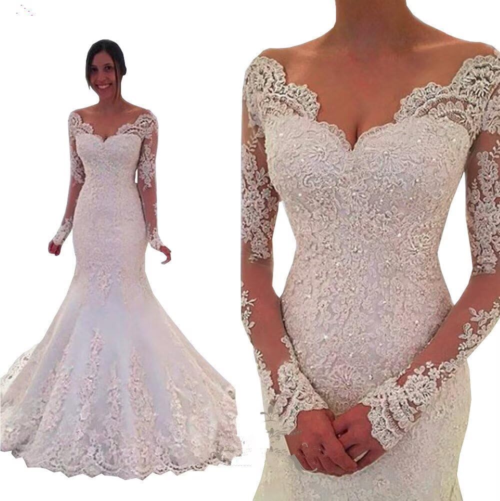 Sequins Mermaid Wedding Dresses for Women Bride with Long Sleeve Lace Beach Bridal Ball Gown Train