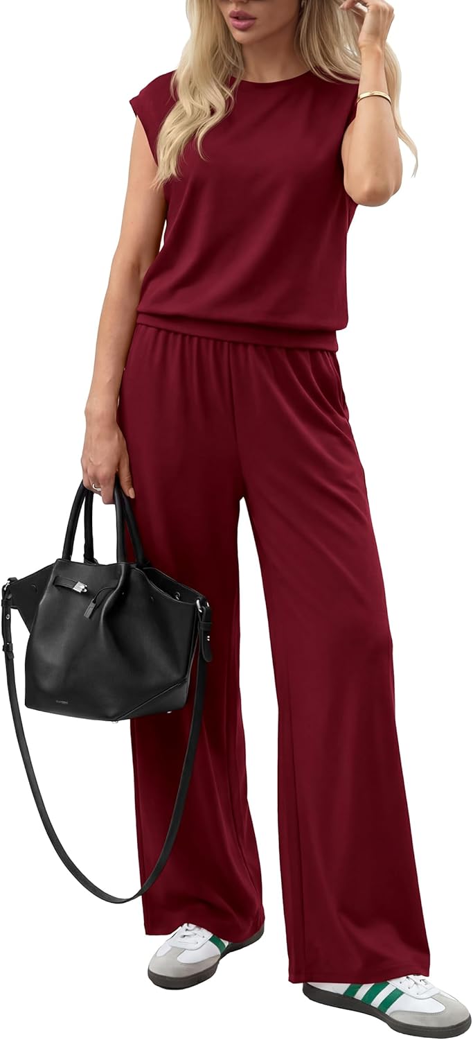 PRETTYGARDEN Women's Summer 2 Piece Lounge Sets 2026 Cap Sleeve Tops Wide Leg Pants Workout Sets Loose Casual Tracksuit - Image 2