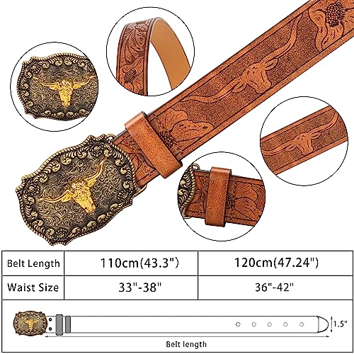 INOGIH Men-Western-Cowboy-Leather-Buckle-Belts-with-Longhorn-Bull-Floral-Engraved-Belt-Buckle-for-Jeans 33" to 42" Waist2