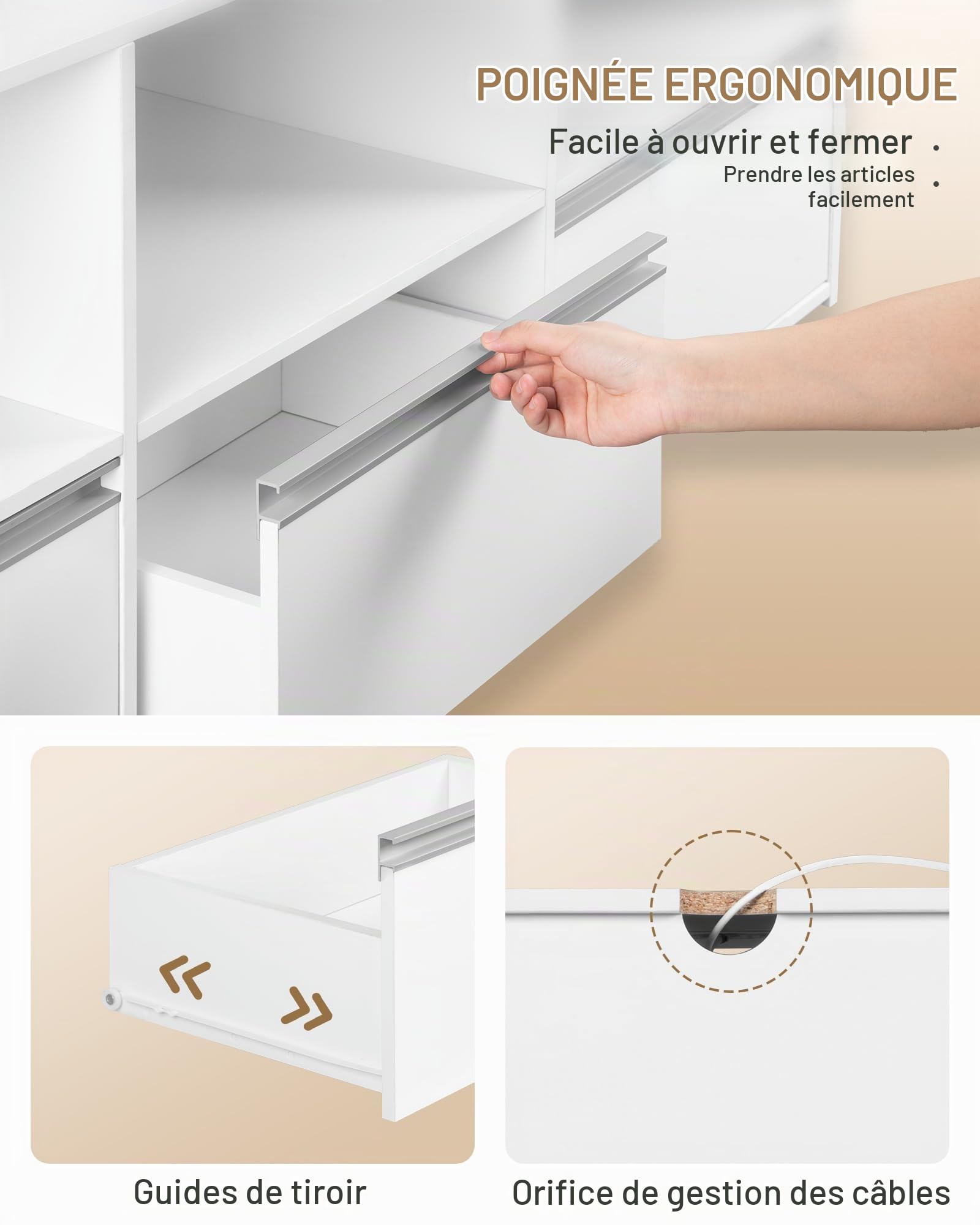 Hzuaneri Meuble TV avec LED RGB, Blanc, 180 cm de Long Banc TV | Adapté aux TV de 80 Pouces et Moins, Doté de 3 Tiroirs et d'un Range Ouvert, Idéal pour le Salon, la Chambre, TV18703WEU