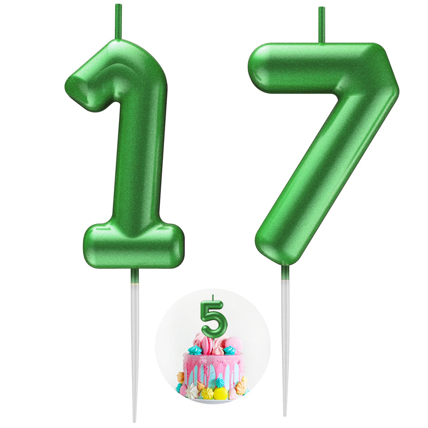 Green Number 17 Candle Happy Birthday 3D Number Candles for Birthday Cake Party Decoration Wedding Anniversary Celebration Supplies