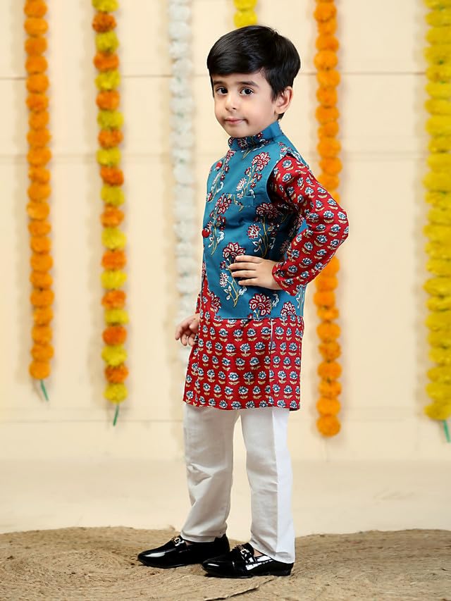 Image of The Mom Store Boys Printed Cotton Kurta Pajama Set With Jacket | Soft And Comfortable Ethnic Wear For Baby /Kids Boys | Full Sleeves Kurta Pyjama Set | Traditional Indian Outfit
