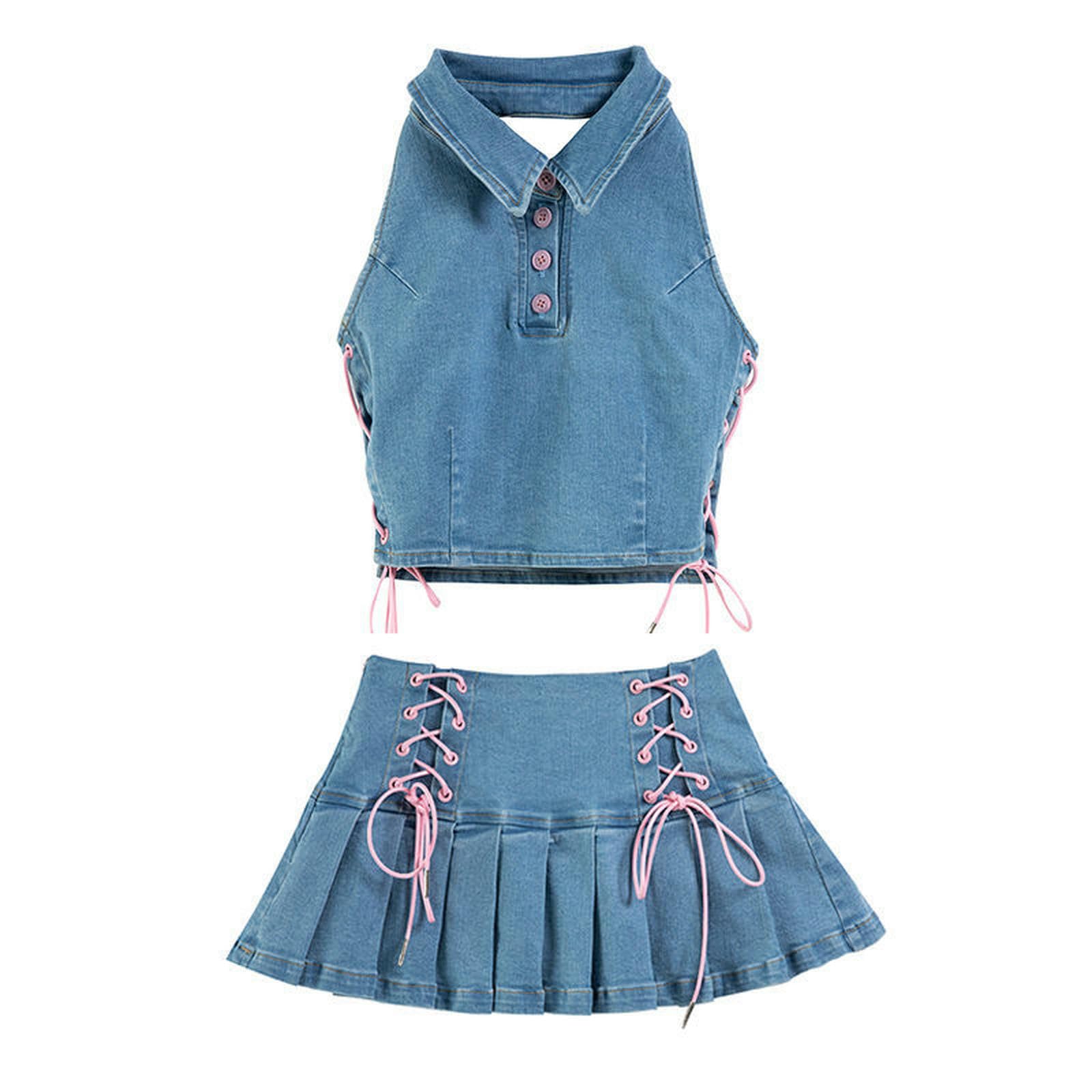Falda Y2k Verano Nueva Minifalda Denim Sólido Top Sin Mangas E-Girl Kawaii Cintura Alta con Cordones Falda Plisada Traje Estética De Los Años 90-Azul Claro -M
