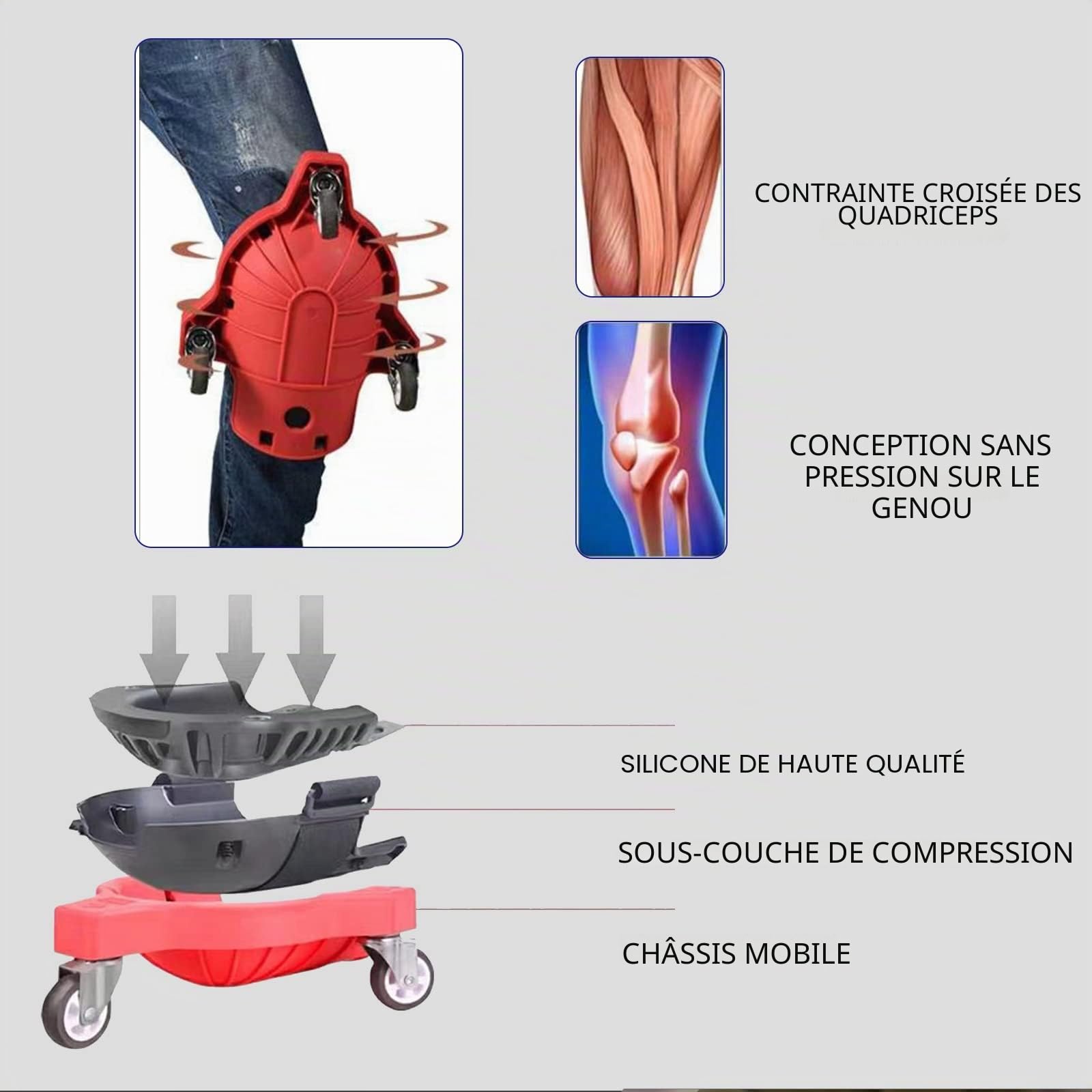 Protège-genoux roulant 2 pièces avec molettes Économiseur de main-d'œuvre pour pose de carrelage avec roue et sangle réglable（rouge）