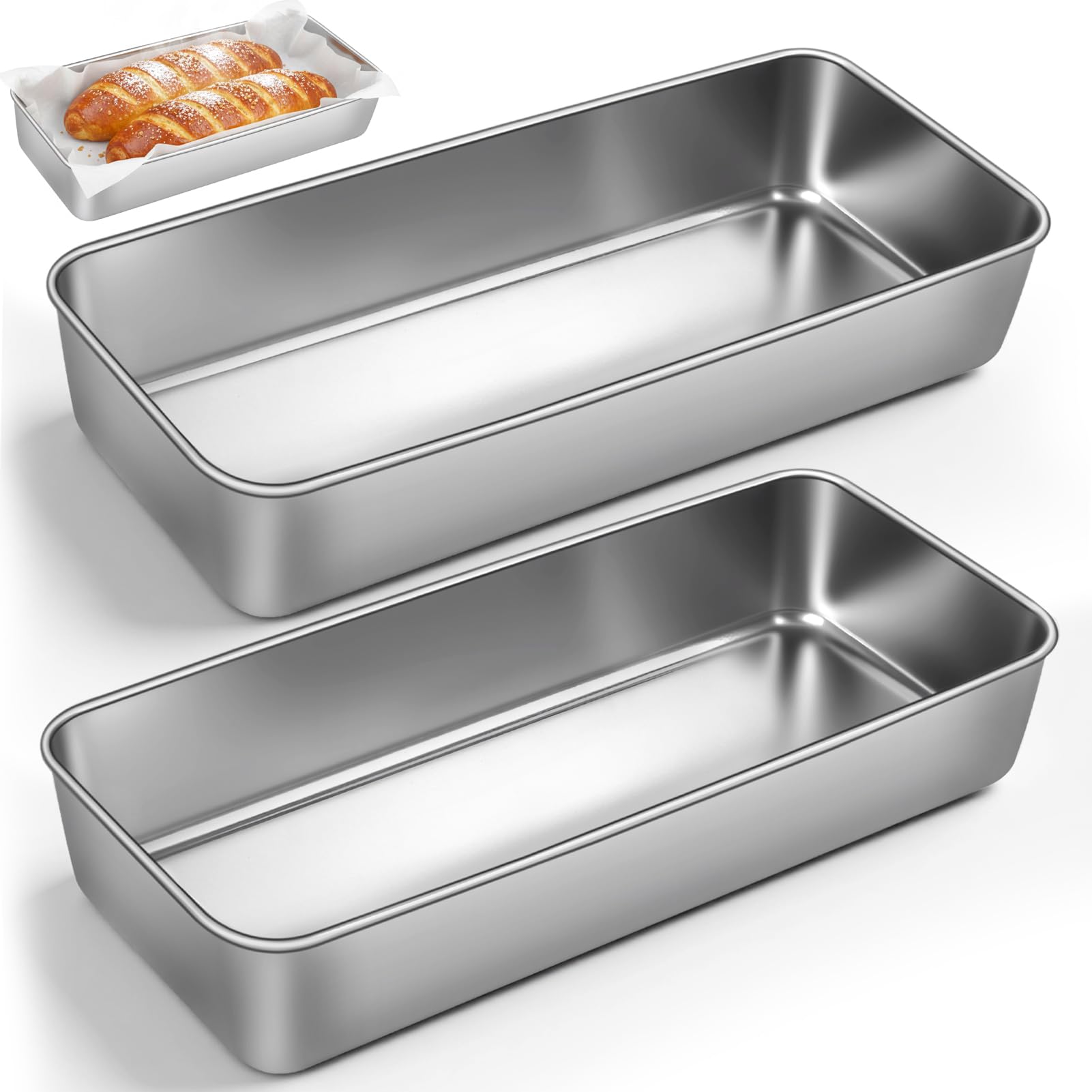 Photo 1 of 2 Packs 12×5 Inch Loaf Pans for Baking Bread, Stainless Steel Loaf Bread Pan with Parchment Paper Liners, Metal Bakeware for Bread, Meatloaf, Cake & Brownies, Easy Release, Oven & Dishwasher Safe