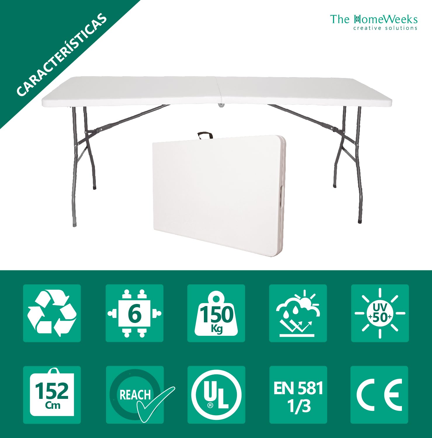 The Homeweeks Tavolo pieghevole Solid 152 cm portatile Normativa Uso pubblico Interno/Esterno (EN 581-1/3) Piano Resina HDPE 3,5 cm Capacità 6 persone e carico 150 kg. Multiuso.