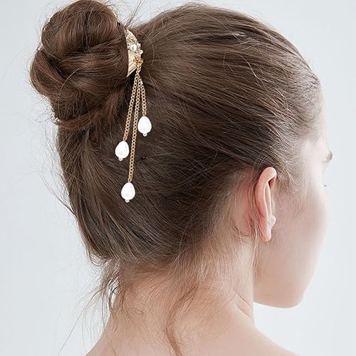 Miniatura 3 de 2 pinzas para el pelo con perlas de diamantes de imitación, mariposa alta cola de caballo fija, decoración de borla para novia, boda, fiesta, baile